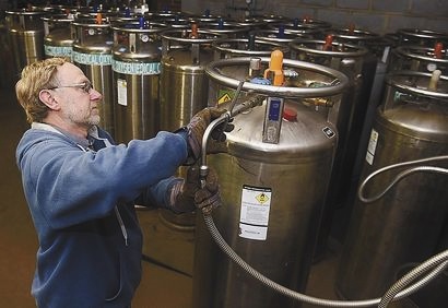 Dave Seifert, Fill Plant Manager, fills Liquid Oxygen Cylinders for distribution