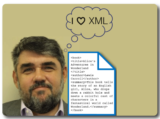Picture of DCL's Leo Belchikov with a comic bubble that says I heart XML