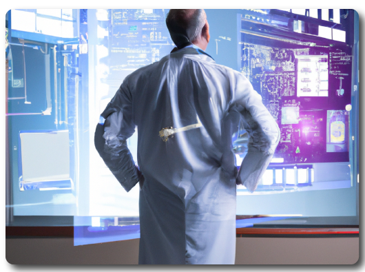 DALL-E 2 generated art of a healthcare person viewing futuristic screens