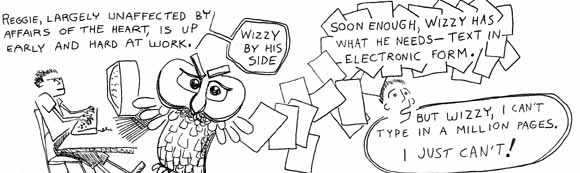 Original comic of Wizzy the Owl with a man typing at a large desktop computer. He is digitizing old content.