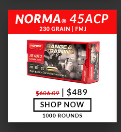 Norma - 45 ACP - 230 Grain - FMJ - 1000 Rounds  $489 SHOP NOW 1000 ROUNDS 